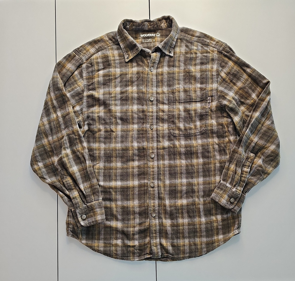 Wolverine Men’s Large Plaid Flannel Shirt 100% Cotton Brown Workwear Outdoor